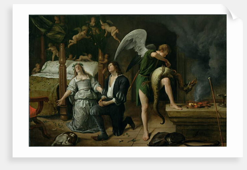 Tobias and Sarah with the Archangel Raphael exorcising the demon Asmodeus, restored version reassembled from two separated fragments by Jan Havicksz. Steen