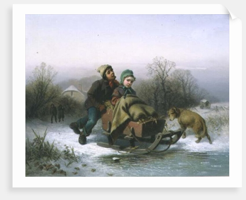 A Boy Pushing a Young Girl in a Sledge by Jan Walraven