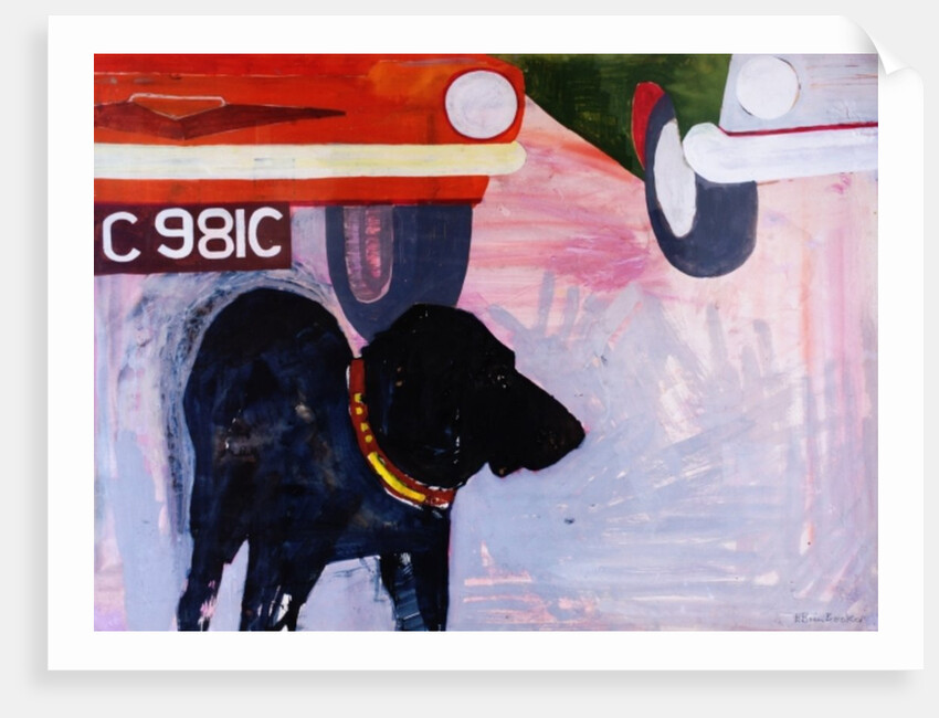 Dog at the Used Car Lot, Rex with orange car by Brenda Brin Booker