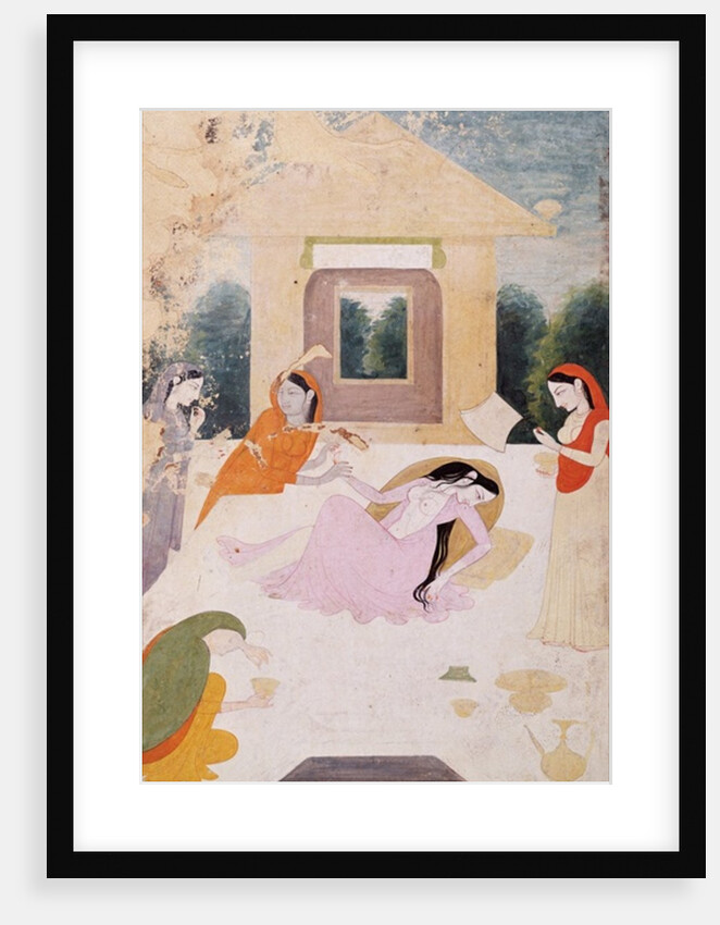 A lady on a terrace, distraught with unsatisfied longing for her lover, her attendants can do nothing to console her by Indian School