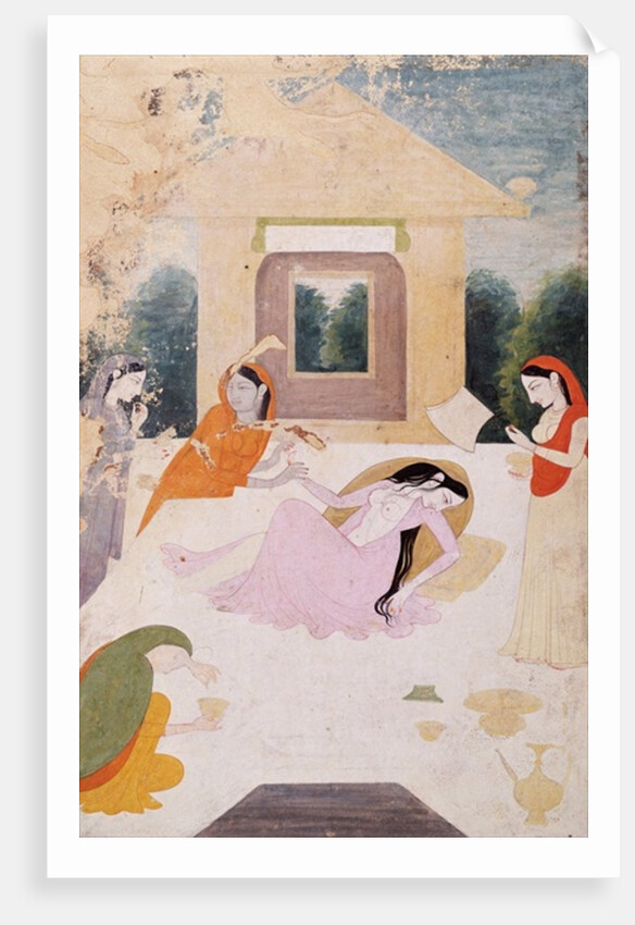 A lady on a terrace, distraught with unsatisfied longing for her lover, her attendants can do nothing to console her by Indian School