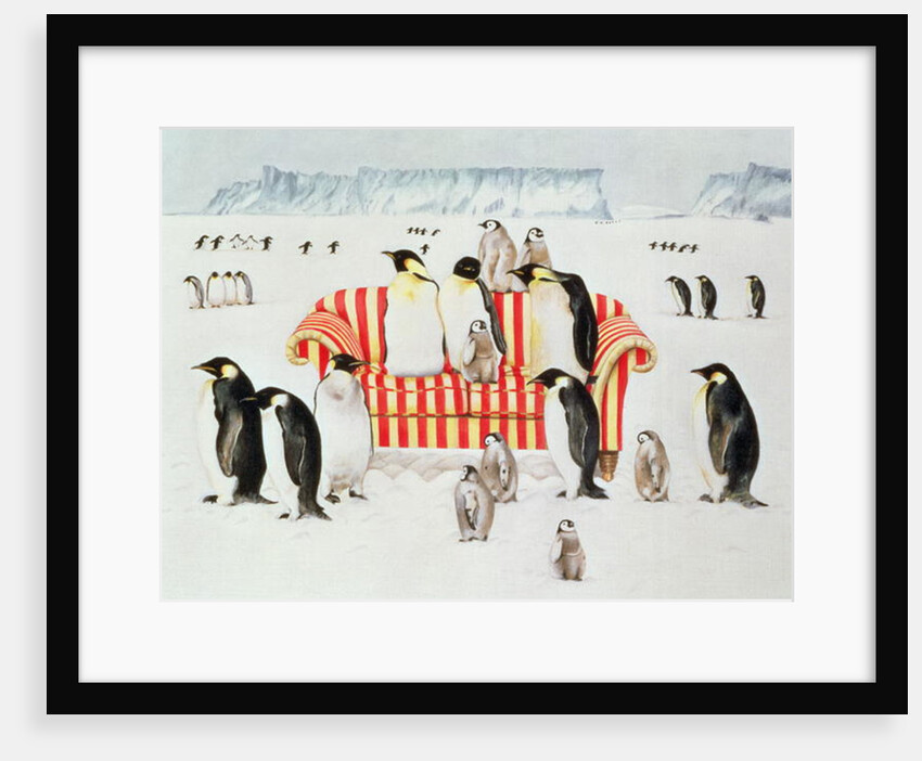 Penguins on a red and white sofa, 1994 by E.B. Watts