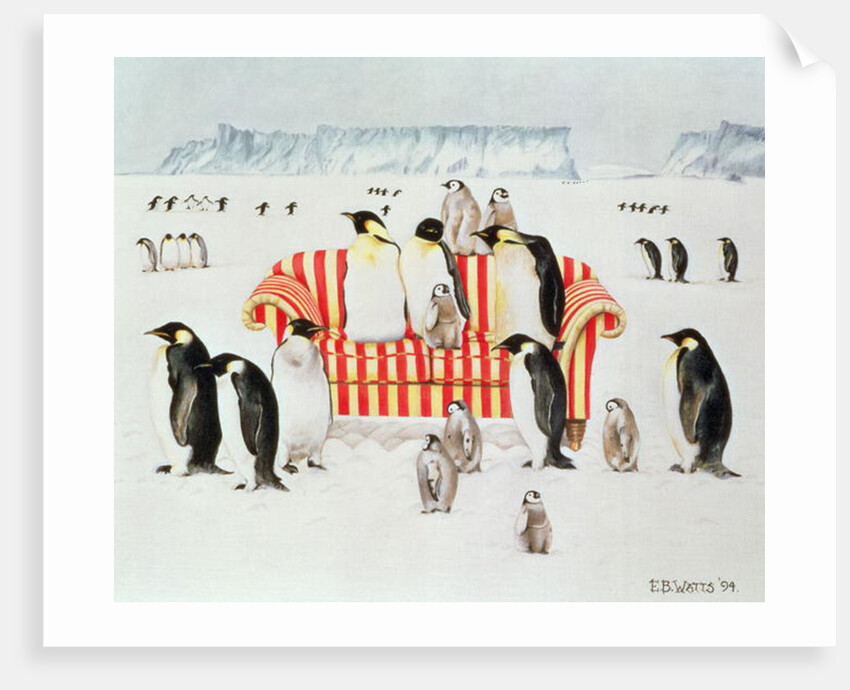Penguins on a red and white sofa, 1994 by E.B. Watts