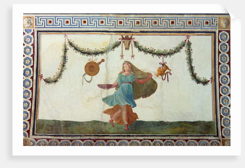 The 'Camera con Fregio di Amorini' detail of the ceiling depicting a woman holding a bowl, 1520s by Giulio Romano