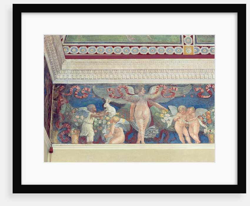 Frieze from the 'Camera con Fregio di Amorini' detail of two cupids, one black, playing with rabbits, 1520s by Giulio Romano