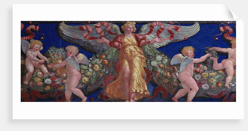 Frieze from the 'Camera con Fregio di Amorini' detail of an angel in a golden dress with spread wings, 1520s by Giulio Romano