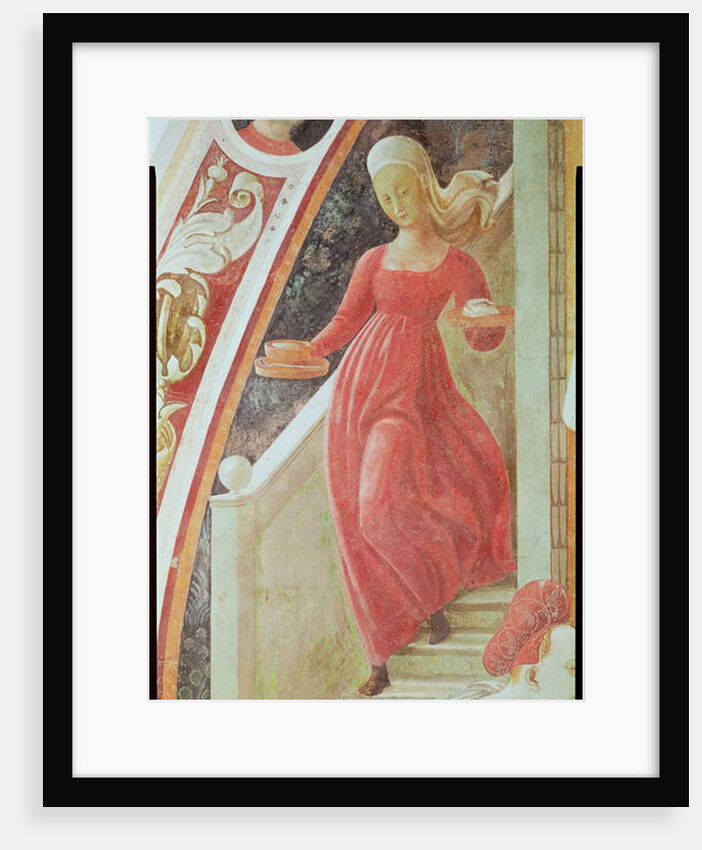 The Birth of the Virgin, detail of a maid servant descending a staircase by Paolo Uccello