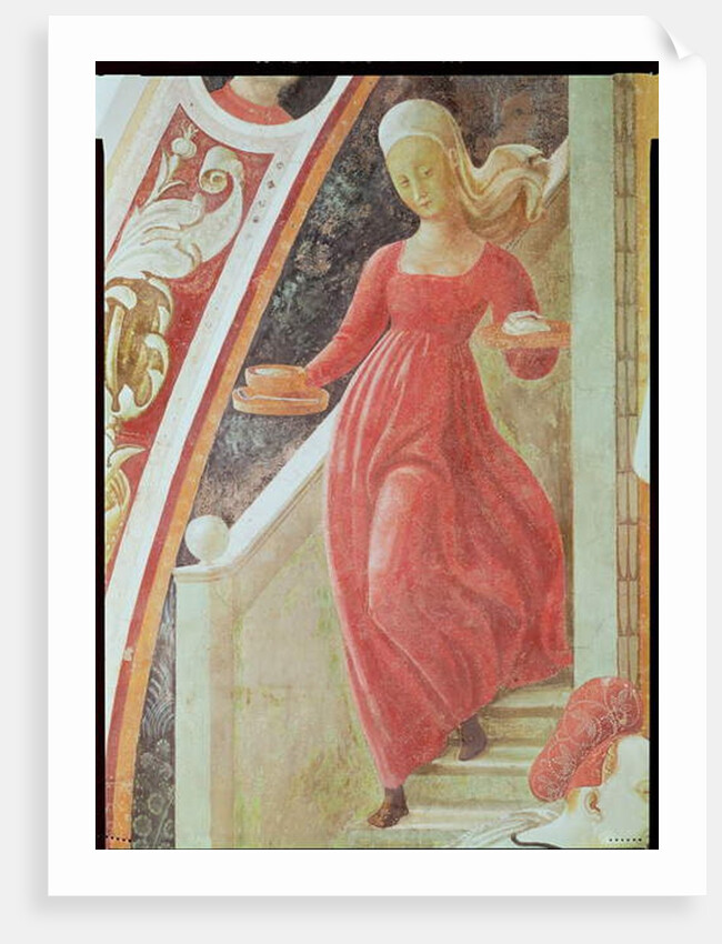 The Birth of the Virgin, detail of a maid servant descending a staircase by Paolo Uccello