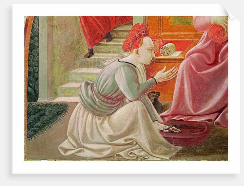 The Birth of the Virgin, detail of a seated maid servant by Paolo Uccello