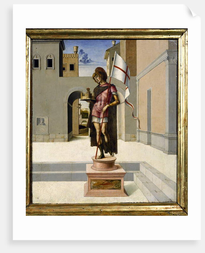 St. George depicted as a polychrome statue in a town square, predella by Giovanni Bellini