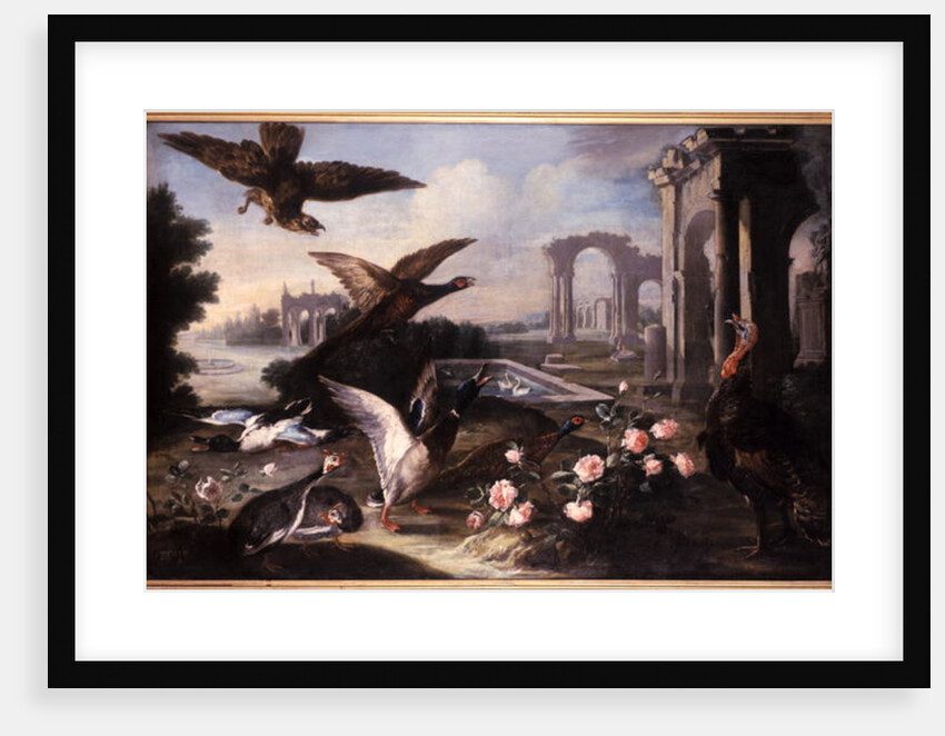 Imaginery landscape with ruins, hawks, turkeys and ducks by German School