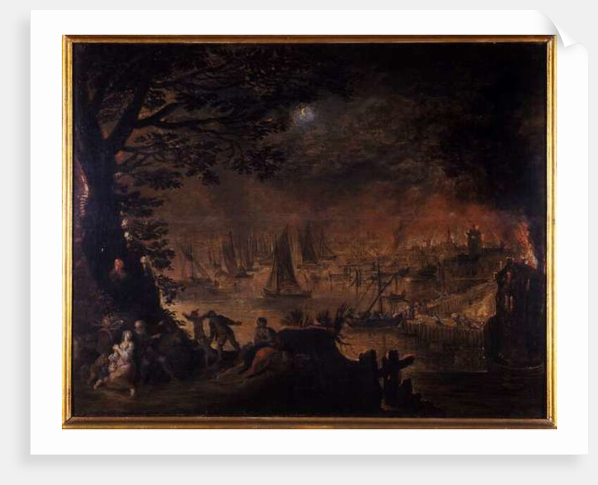 Burning town by the sea by Joos or Josse de The Younger Momper