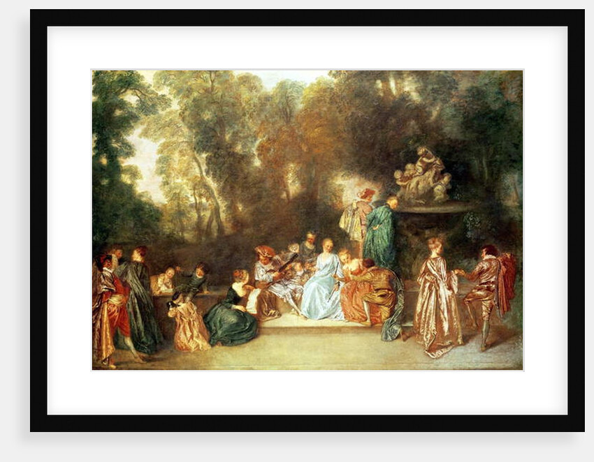 Fete galante with guitar player and a sculpture of putti playing with a ram, c.1717-19 by Jean Antoine Watteau