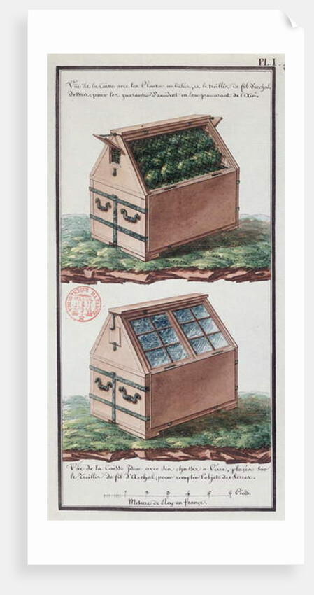 Illustration of a chest of drawers for transporting plants by Gaspard Duche de Vancy