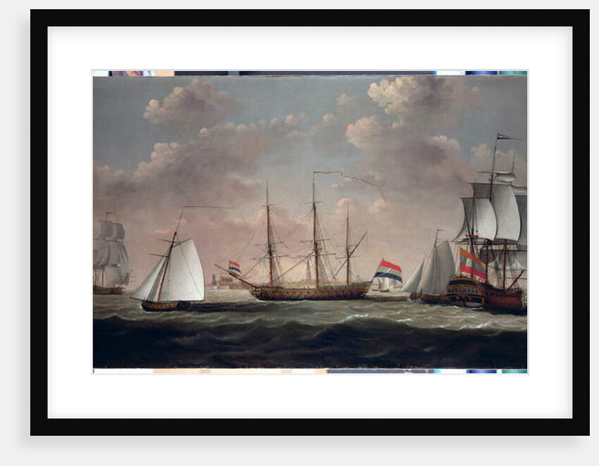 The East Indiaman 't Slot ter Hooge' and other shipping in a brisk breeze off a Dutch port, possibly Flushing by Engel Hoogerheyden