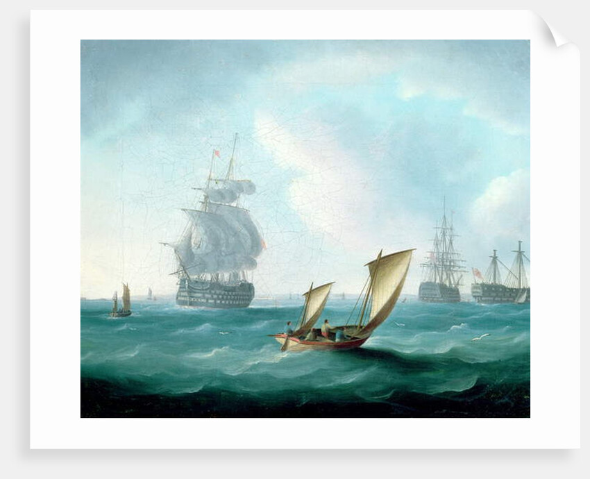 British Men-o'-war and a Hulk in a Swell, a Sailing Boat in the Foreground by Thomas Buttersworth