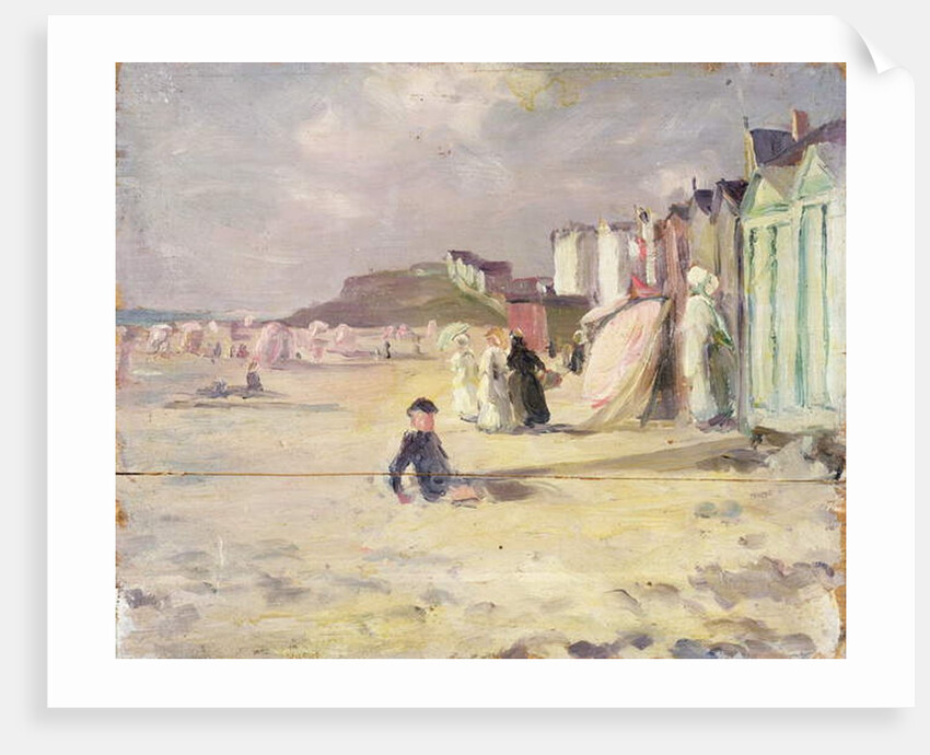 Figures walking beside a line of beach huts by Philip Wilson Steer
