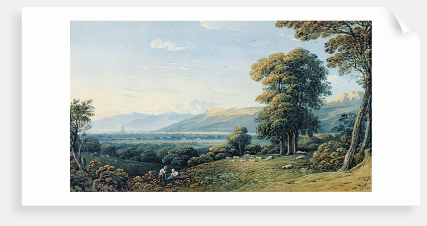 Figures resting on a hillside with a church spire beyond, 1825 by John Varley