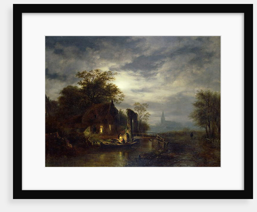 Moonlit river scene with figures unloading a boat by Georg Gillis van Haanen