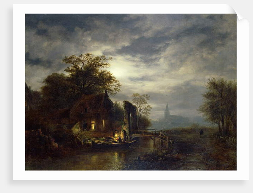 Moonlit river scene with figures unloading a boat by Georg Gillis van Haanen