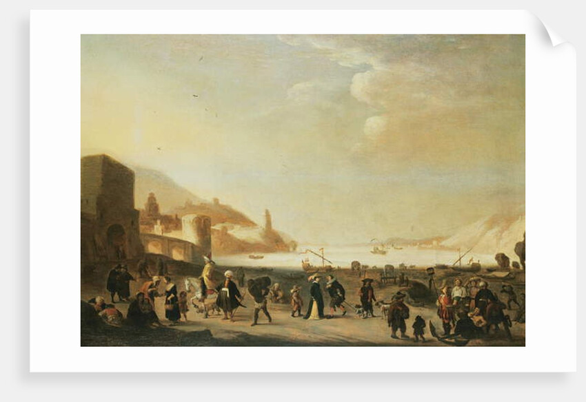 A port with street vendors and peasants in the foreground by Dutch School