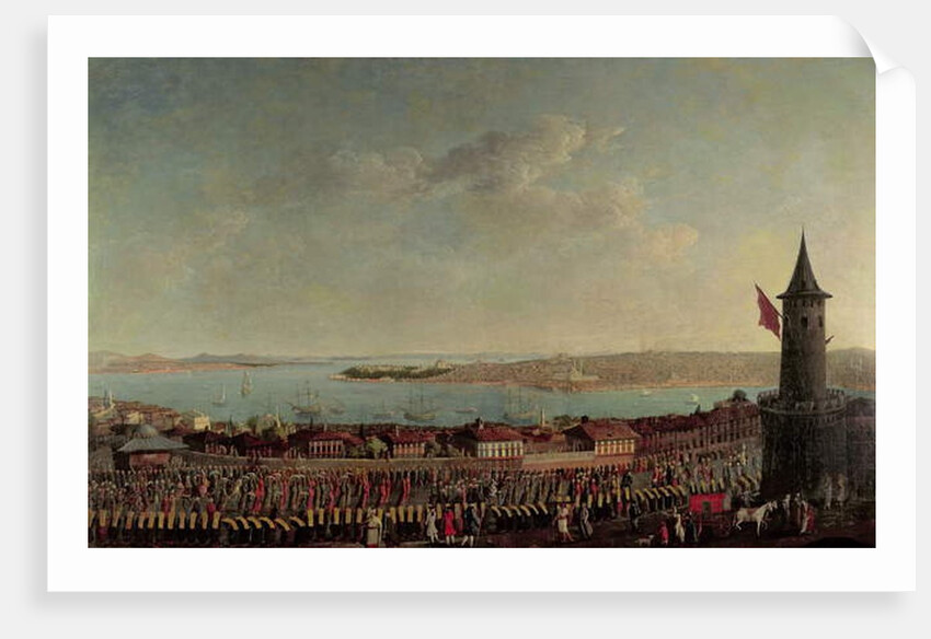 View of Constantinople with a procession of janissaries passing the Galata Tower by Jean Baptiste Vanmour