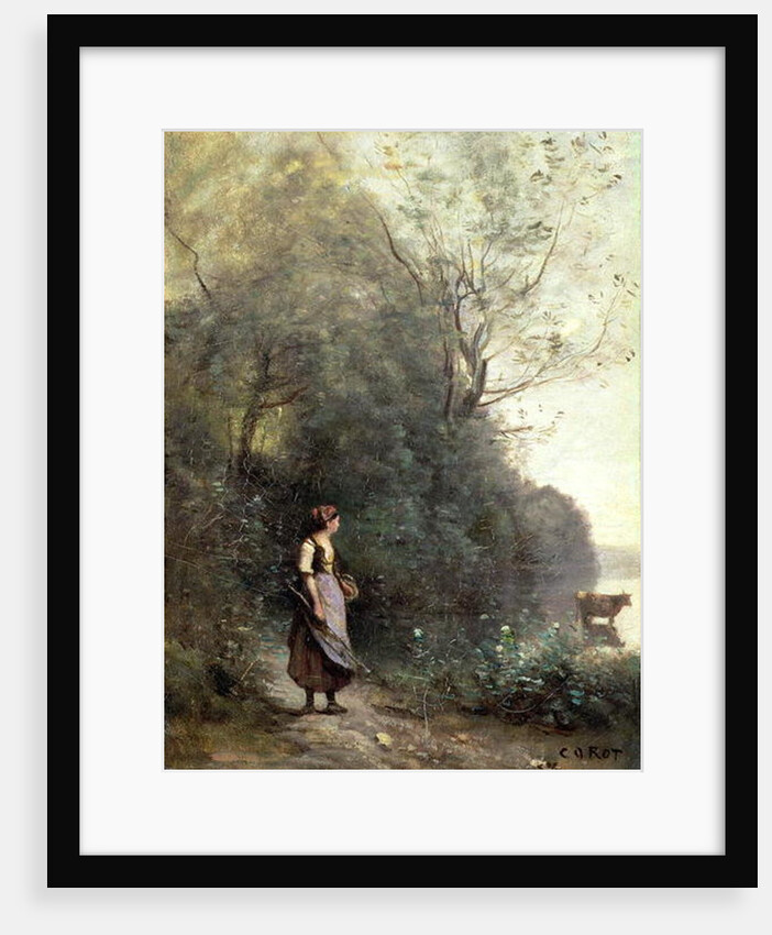 A Peasant Woman Grazing a Cow at the Edge of a Forest, c.1865-70 by Jean Baptiste Camille Corot