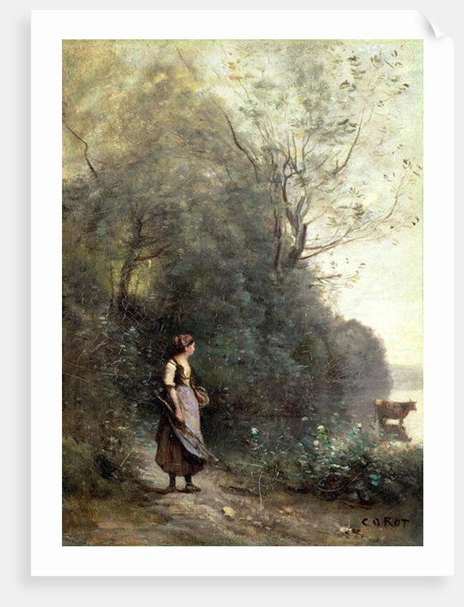 A Peasant Woman Grazing a Cow at the Edge of a Forest, c.1865-70 by Jean Baptiste Camille Corot