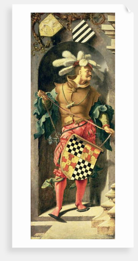 The Healing of the Blind Man of Jericho, left side panel of triptych showing warrior with the patron's coat of arms, 1531 by Lucas van Leyden