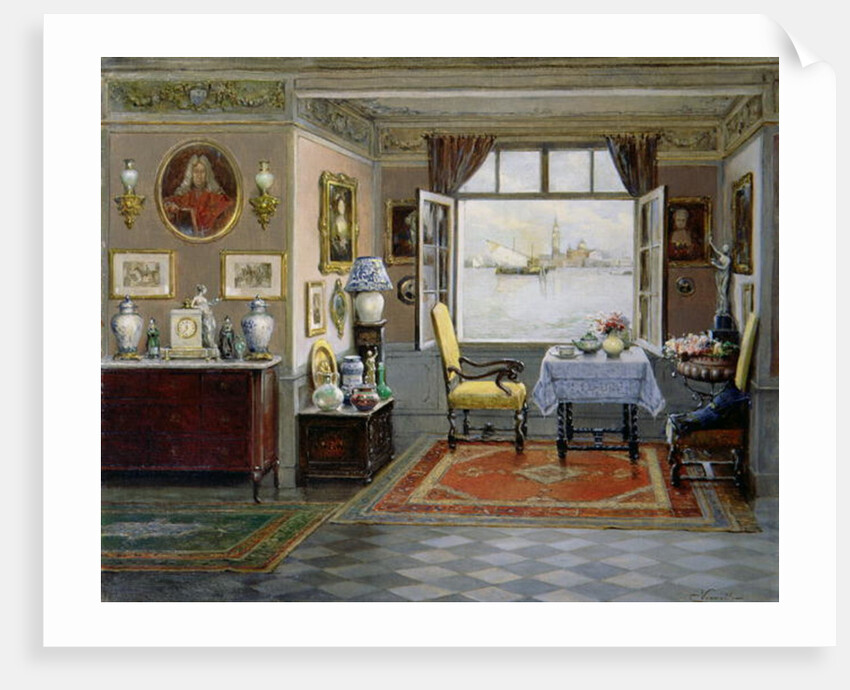 A Venetian home with a view of San Giorgio Maggiore from an open window, c.1900 by Cesare Vianello