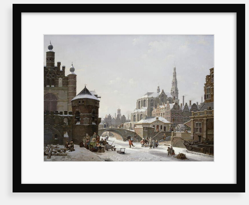 A Capriccio View of a Town with Figures on a Frozen Canal by Jan Hendrik Verheyen