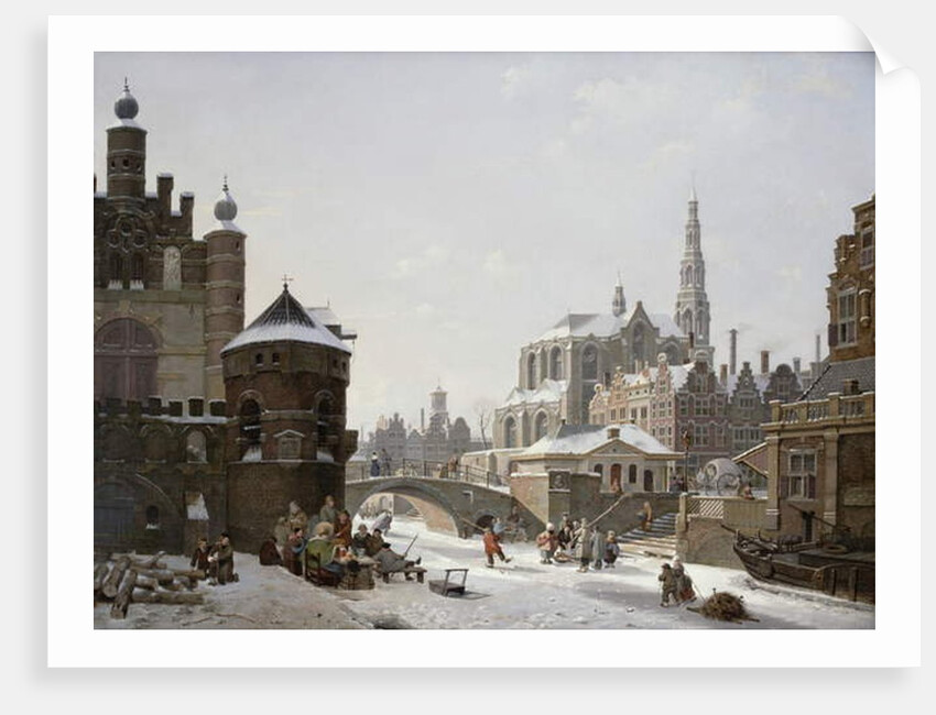 A Capriccio View of a Town with Figures on a Frozen Canal by Jan Hendrik Verheyen