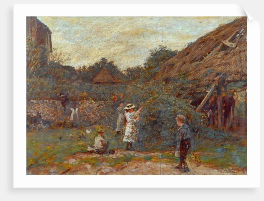Scene in farmyard with children picking fruit, 1901 by Charles James