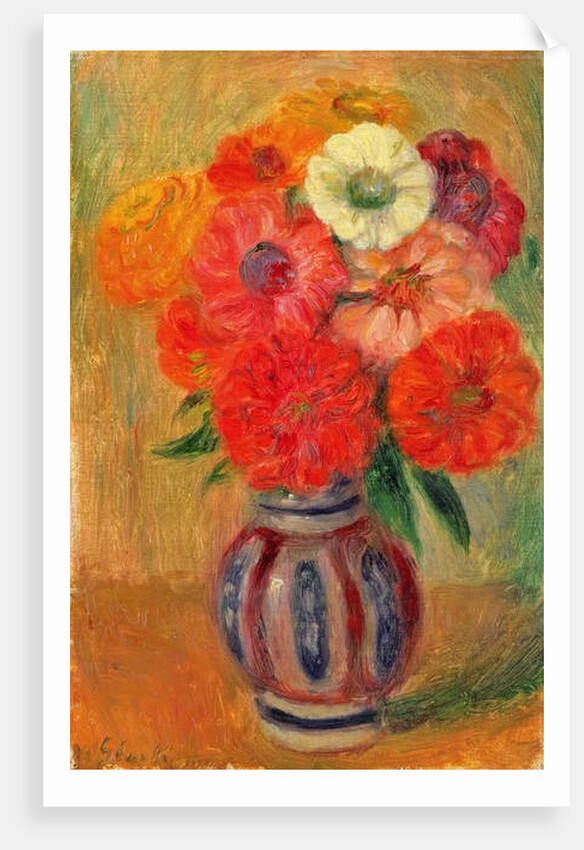 Zinnias in a Striped Blue Vase by William James Glackens