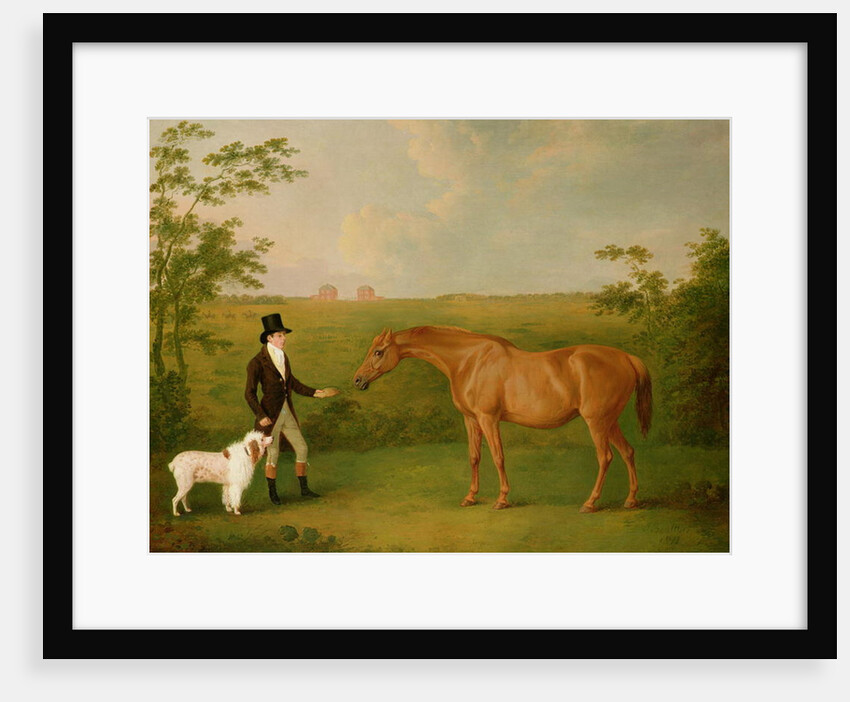 A Gentleman with a White Dog and a Chestnut Mare in a Landscape by John Boultbee
