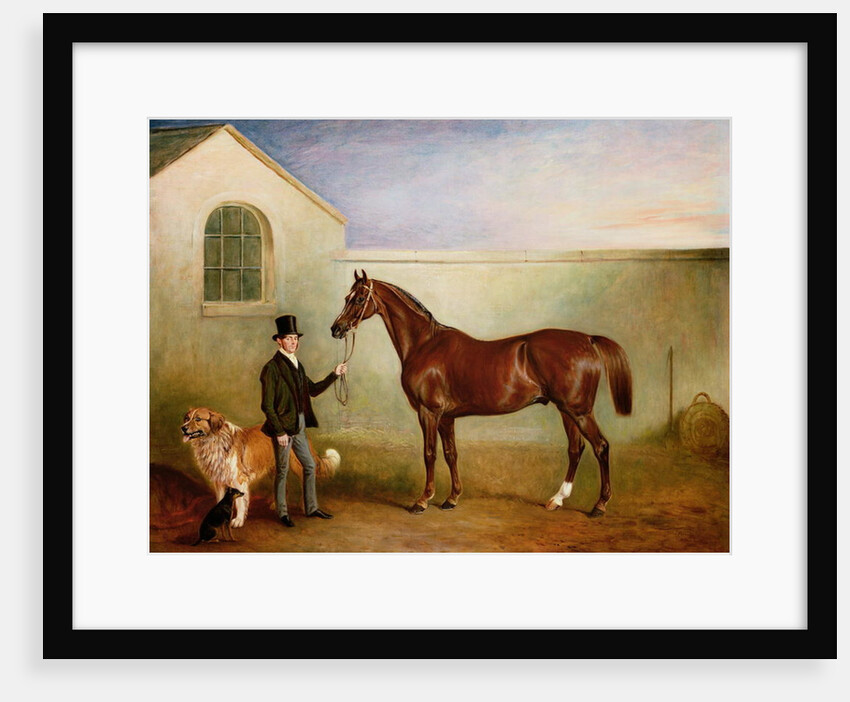 Mr Meakin holding Sir Robert Peel's Chestnut Hunter with his dogs 'Hector' and 'Jem', 1853 by John E. Ferneley