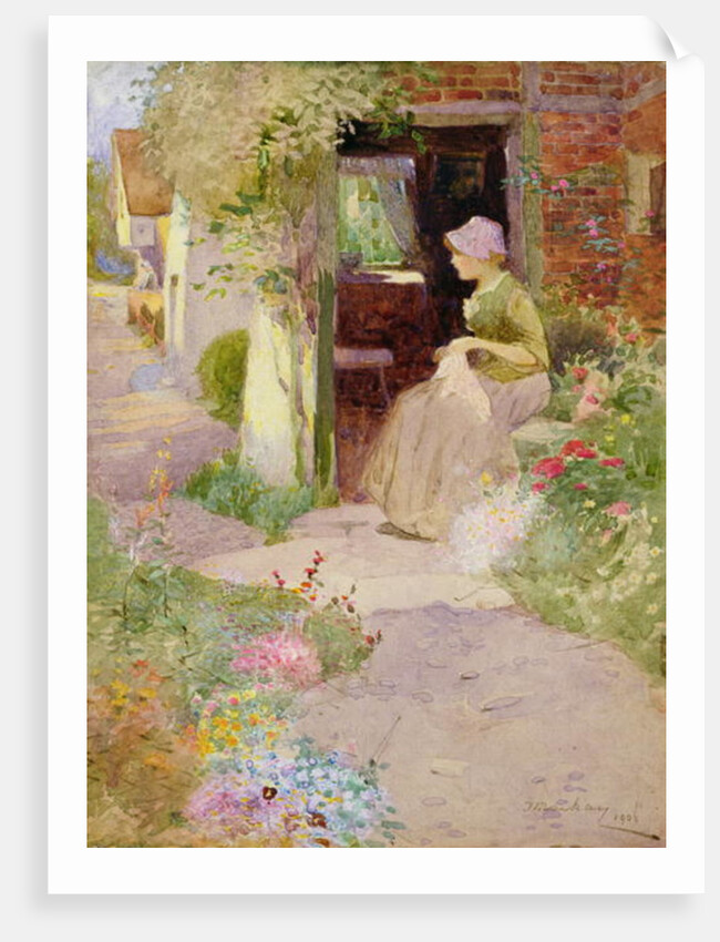 A Girl Sewing at the Door of a Cottage, 1906 by Thomas Mackay