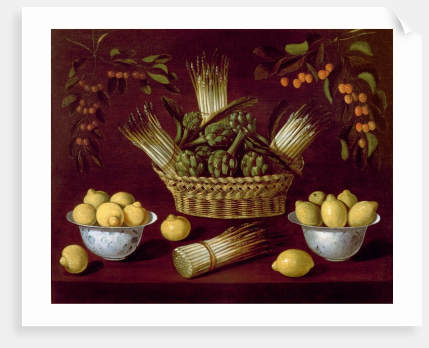 Still life with Asparagus, Artichokes, Lemons and Cherries by Blas de Ledesma
