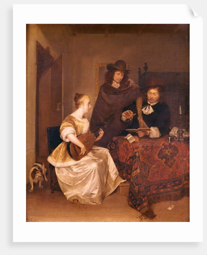 A Young Woman Playing a Theorbo to Two Men, 1667-68 by Gerard ter Borch or Terborch