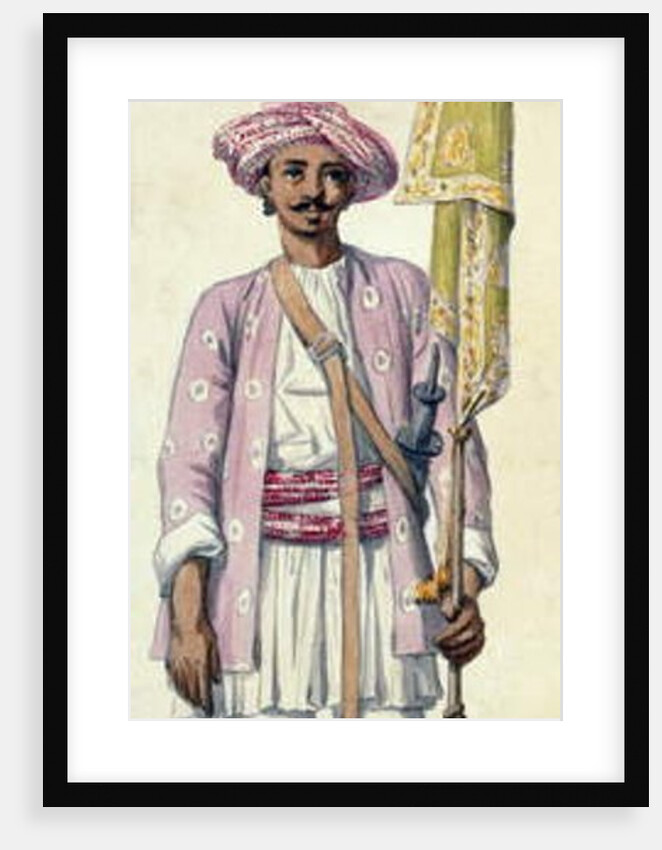 Indian soldier of Tipu Sultan's army, using his rocket as a flagstaff, Madras, 1793-94 by Robert Home