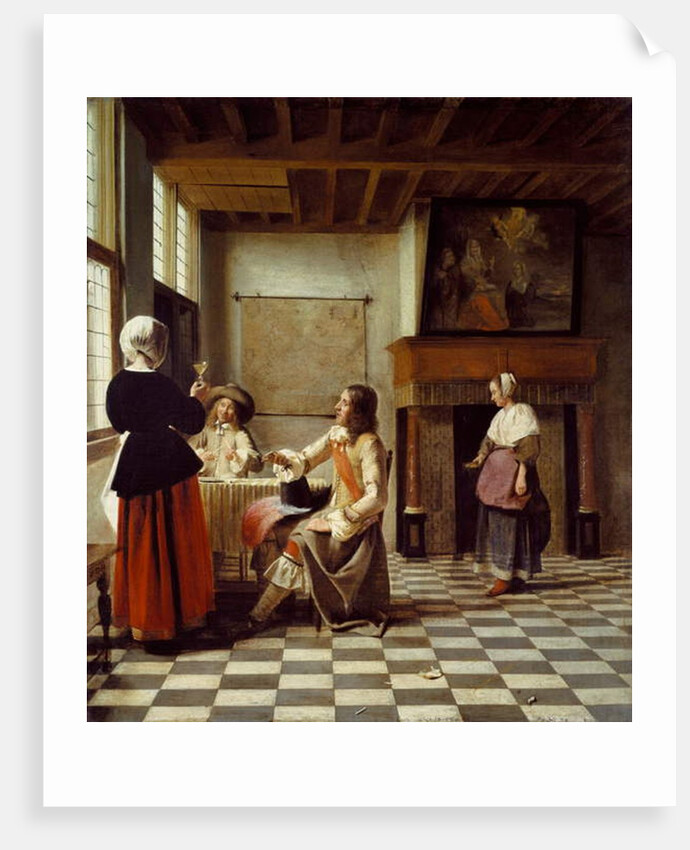 An Interior, with a Woman drinking with Two Men, and a Maidservant by Pieter de Hooch
