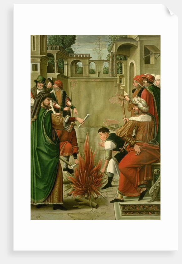 Emperor Julian the Apostate burning the bones of St. John the Baptist by Master of the St. Johns Retable