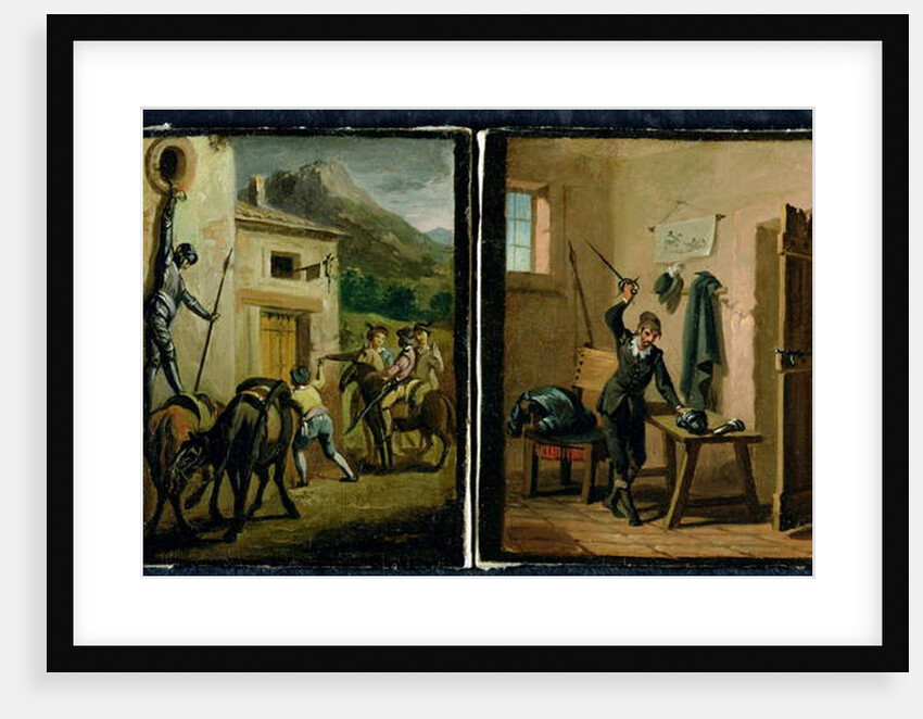 Don Quixote hanging from the window and preparing his armour, two scenes from the novel by Cervantes by Zacarias Gonzalez Velazquez