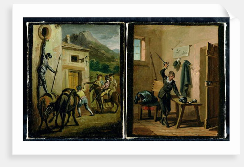 Don Quixote hanging from the window and preparing his armour, two scenes from the novel by Cervantes by Zacarias Gonzalez Velazquez