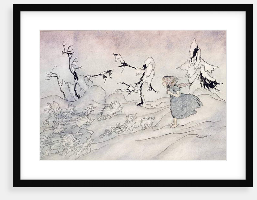 Gerda is terrified by the Snow Queen's advance guard, but she said 'Our Father' and is rescued by little bright angels by Arthur Rackham