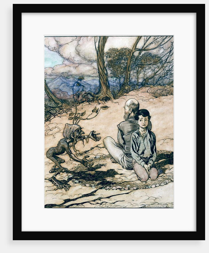 The son made a circle, and his father and he took places within it, and the little black mannikin appeared by Arthur Rackham