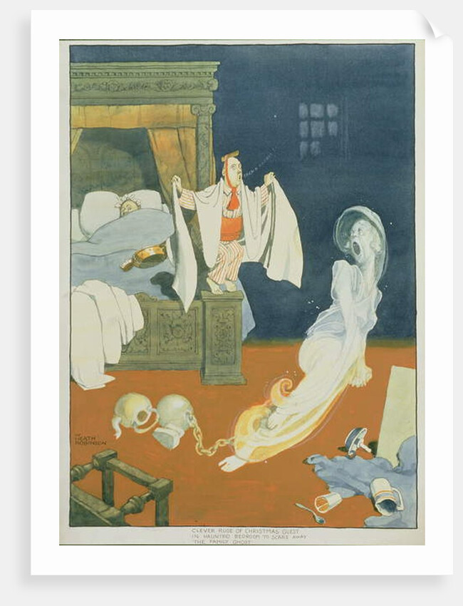 Clever ruse of Christmas guest in haunted bedroom to scare away the family ghost by William Heath Robinson