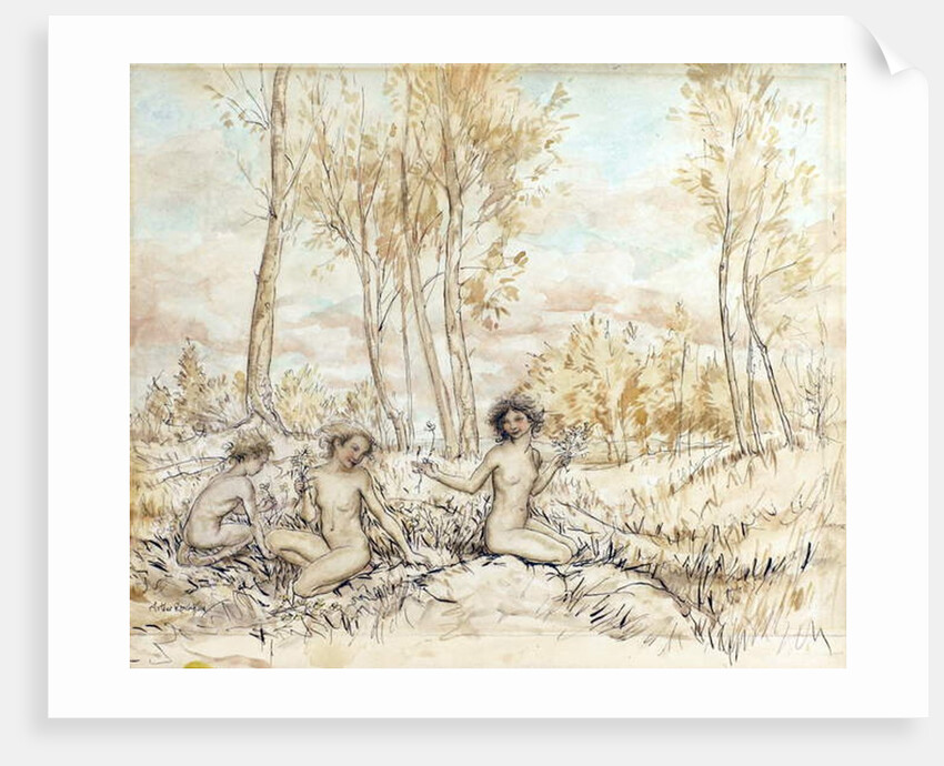 Three Wood Nymphs Gathering Flowers by Arthur Rackham
