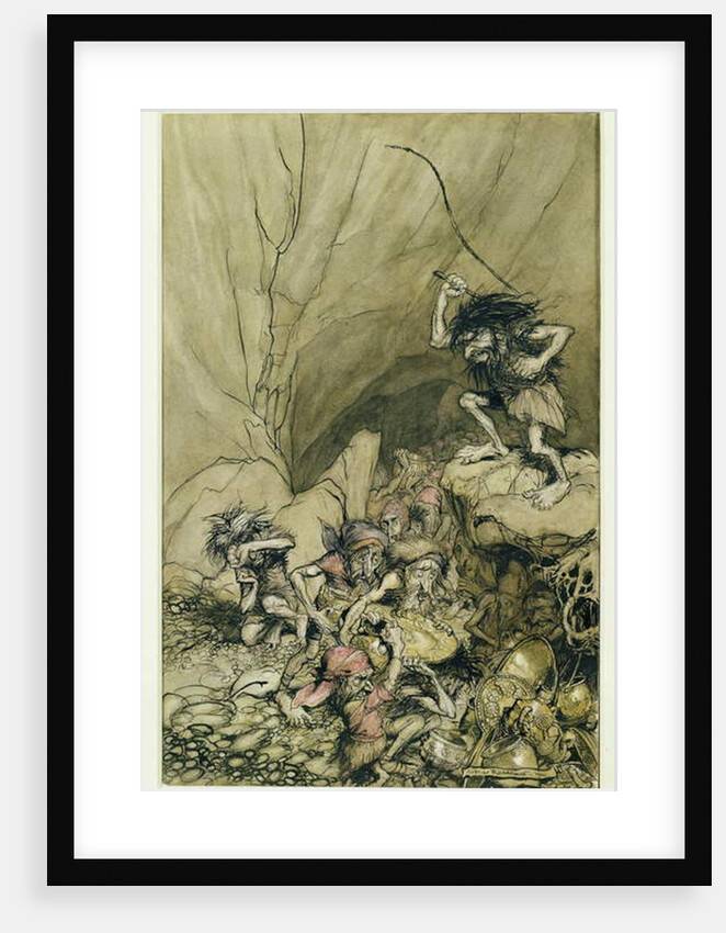 Alberich drives in a band of Nibelungs laden with gold and silver treasure by Arthur Rackham