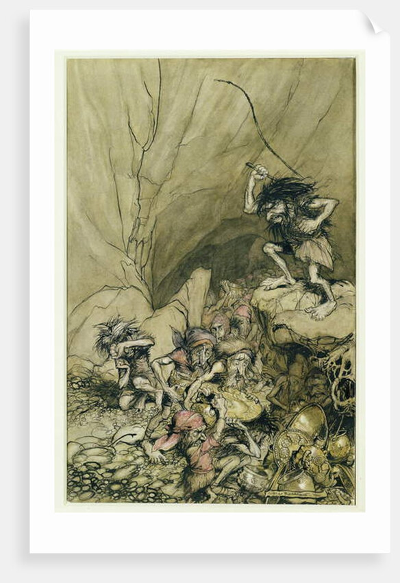 Alberich drives in a band of Nibelungs laden with gold and silver treasure by Arthur Rackham